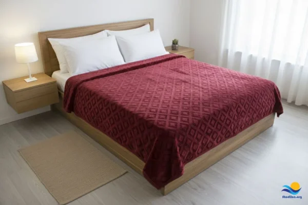 پتو شادیلون مدل اورژینال الوان با طرح هندسی برجسته به رنگ زرشکی روی تخت دونفره