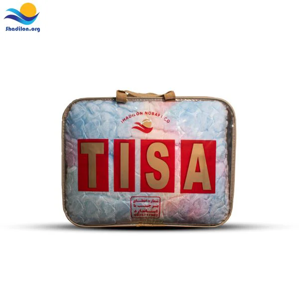 بسته‌بندی پتو تیسا شادیلون رنگین‌کمانی در کاور زیپی شفاف با برند TISA