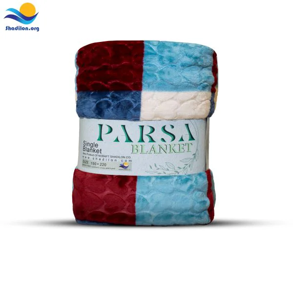 پتو پارسا خشتی تک‌نفره شادیلون با طرح چهارخانه رنگی و بافت برجسته در بسته‌بندی اورجینال.